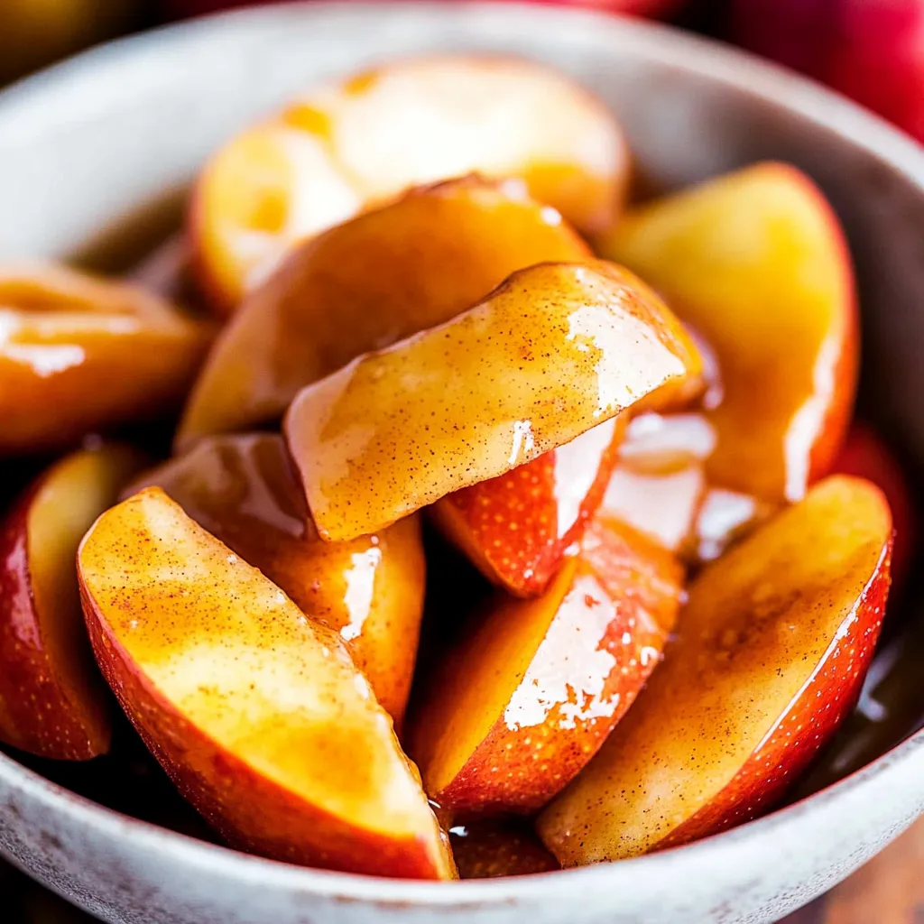 A bowl of apples with a caramel sauce.
