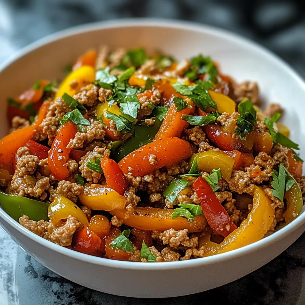 A bowl of food with peppers and meat.
