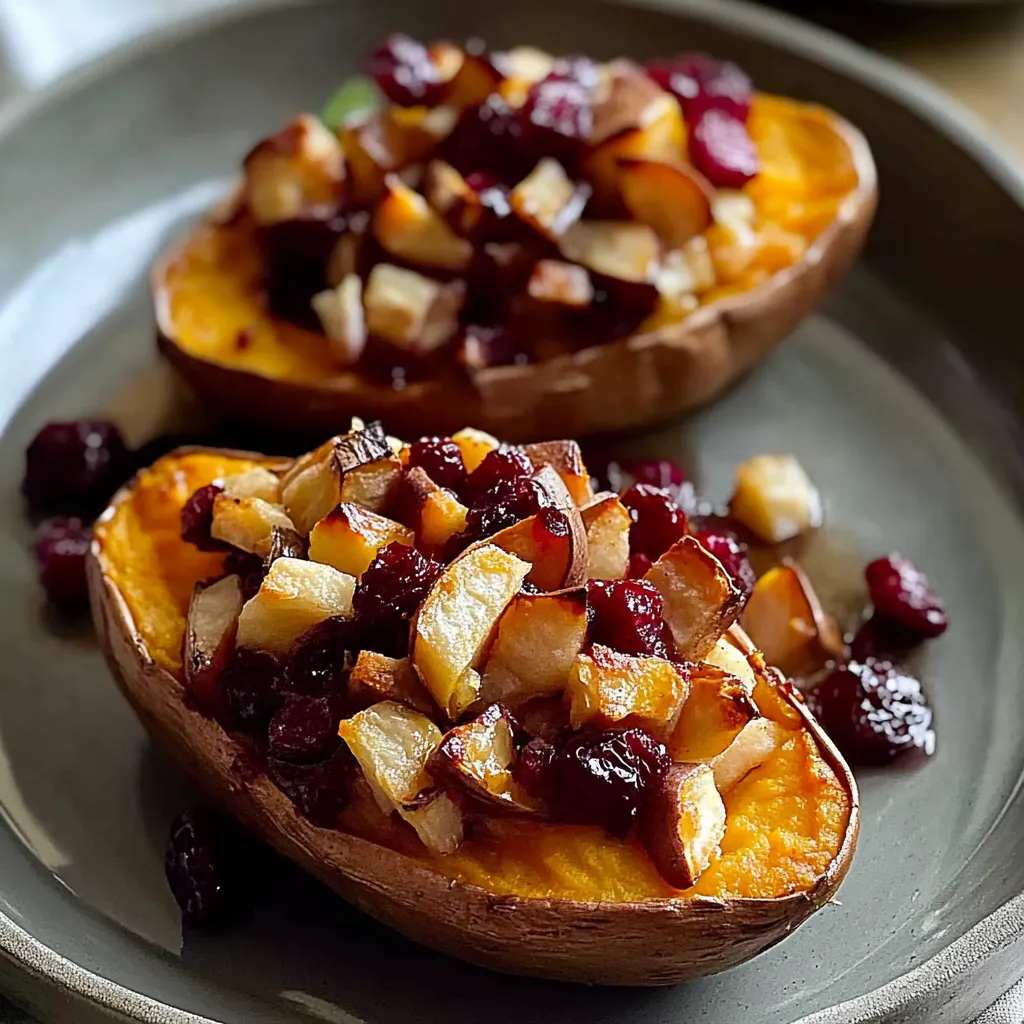 Two sliced sweet potatoes with cranberries and apples.