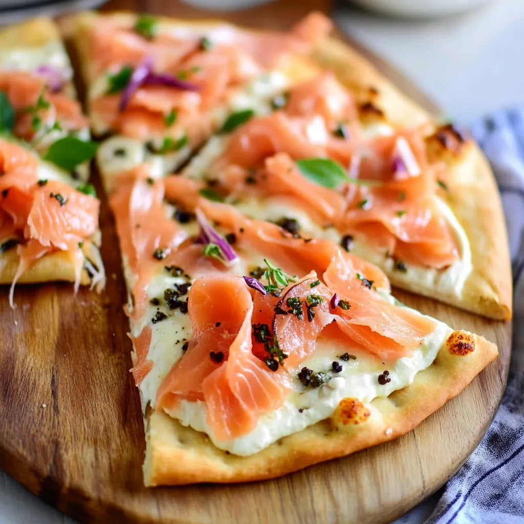 A slice of pizza with salmon on top.