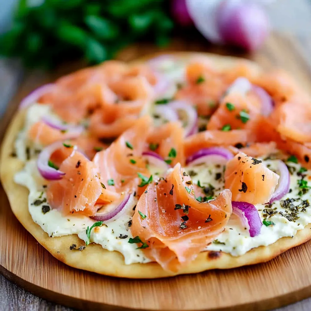A pizza with salmon and onions on top.
