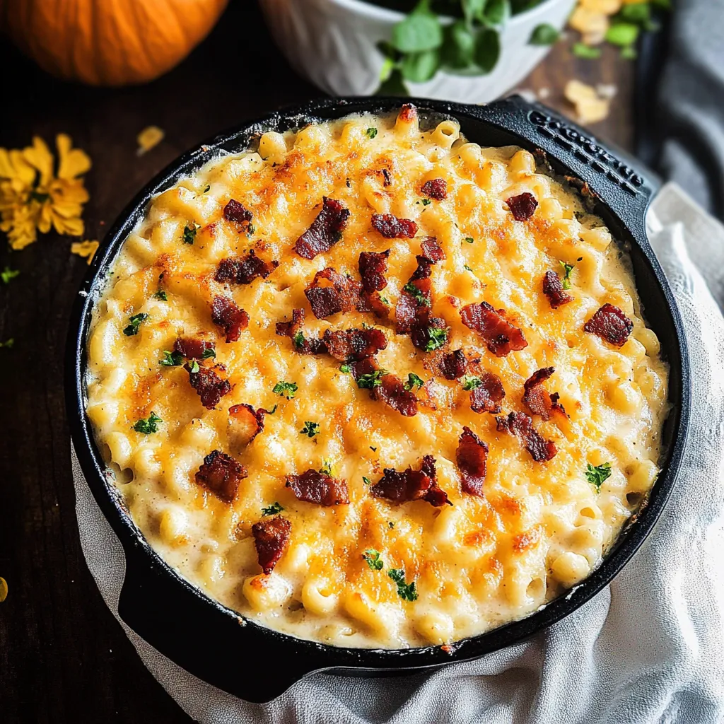 A pan of macaroni and cheese with bacon bits.
