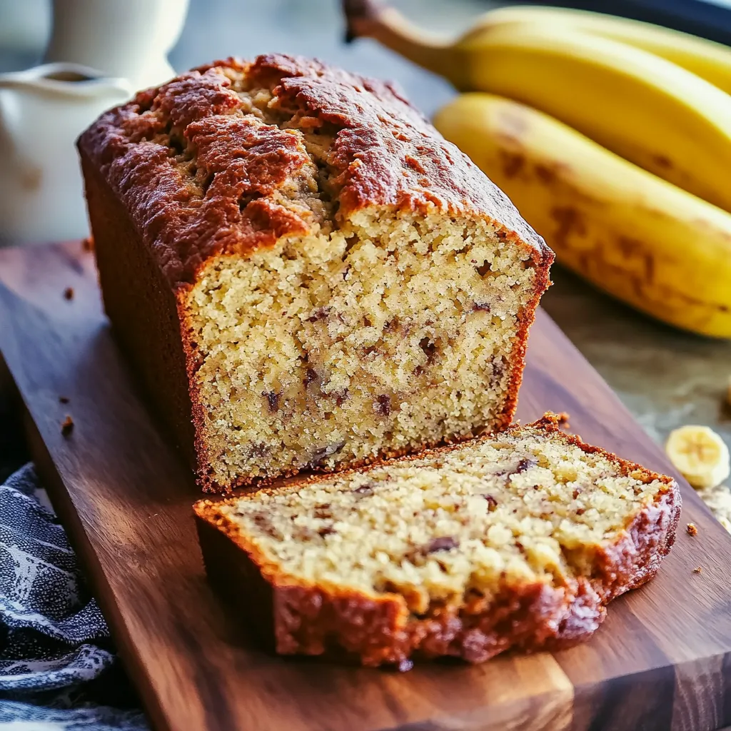 A slice of banana bread on a wooden cutting board.