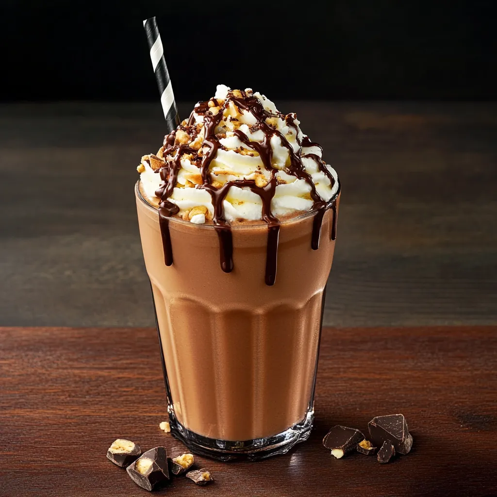 A glass of chocolate milk with a straw.