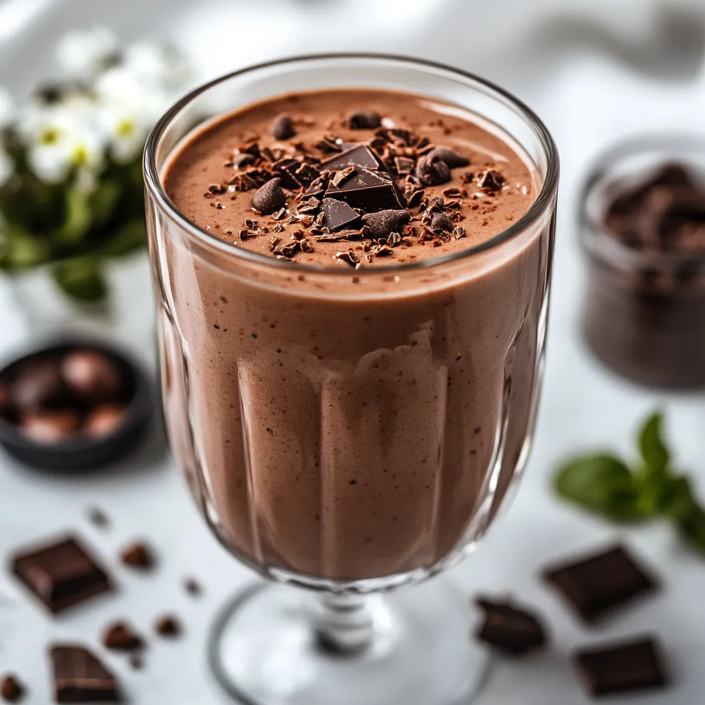 A glass of chocolate milk with chocolate chips on top.