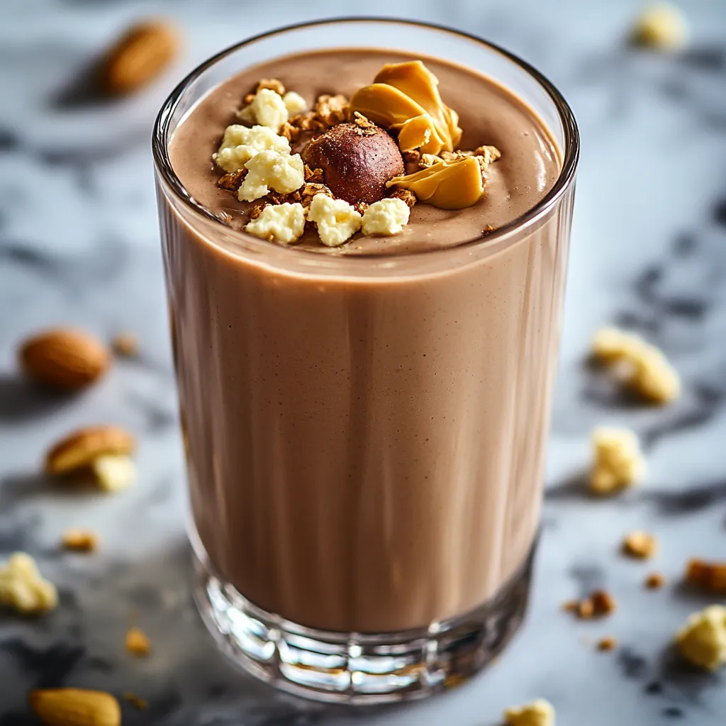 A glass of chocolate milk with nuts on top.