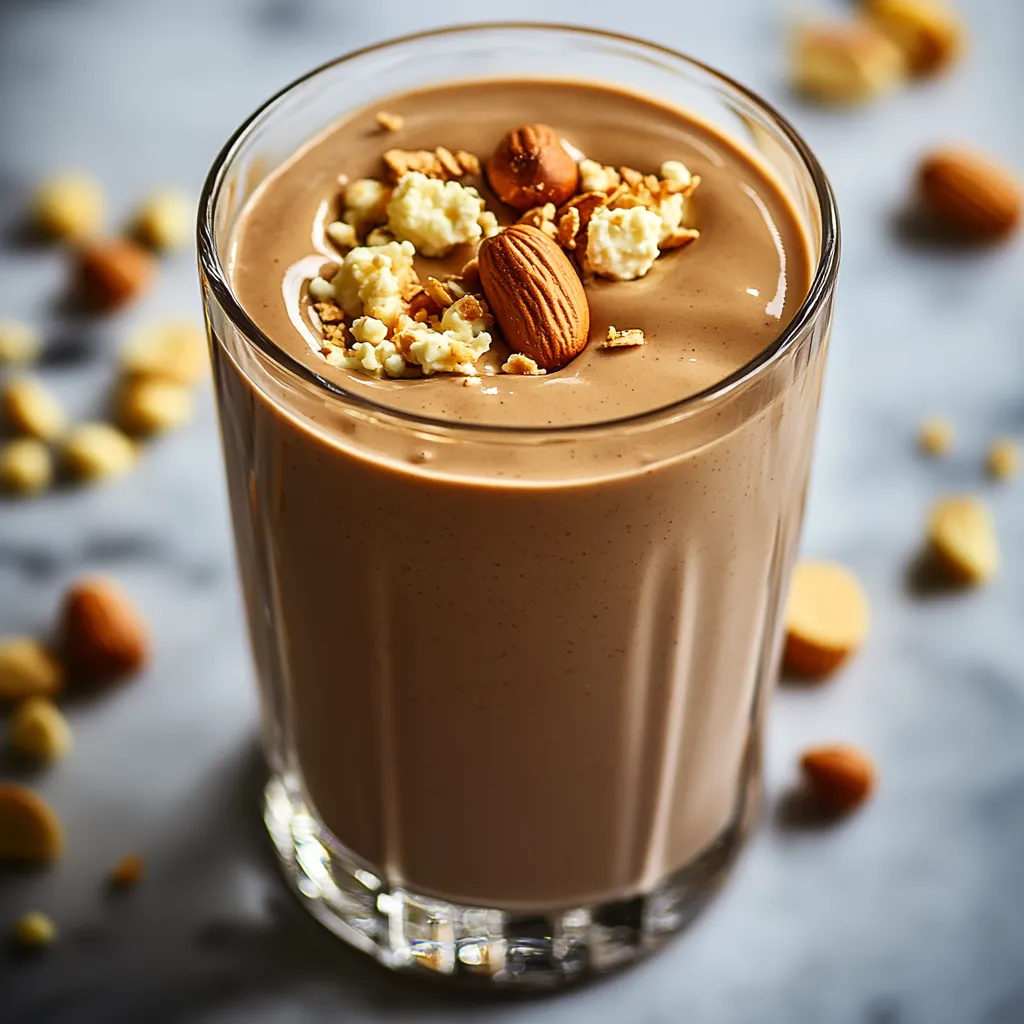 A glass of chocolate milk with almonds on top.