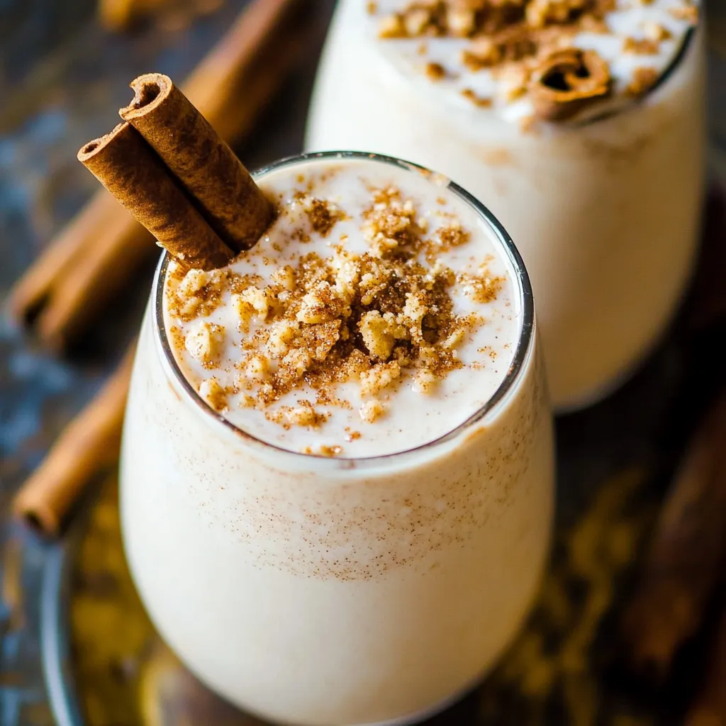 Two glasses of milk with cinnamon on top.