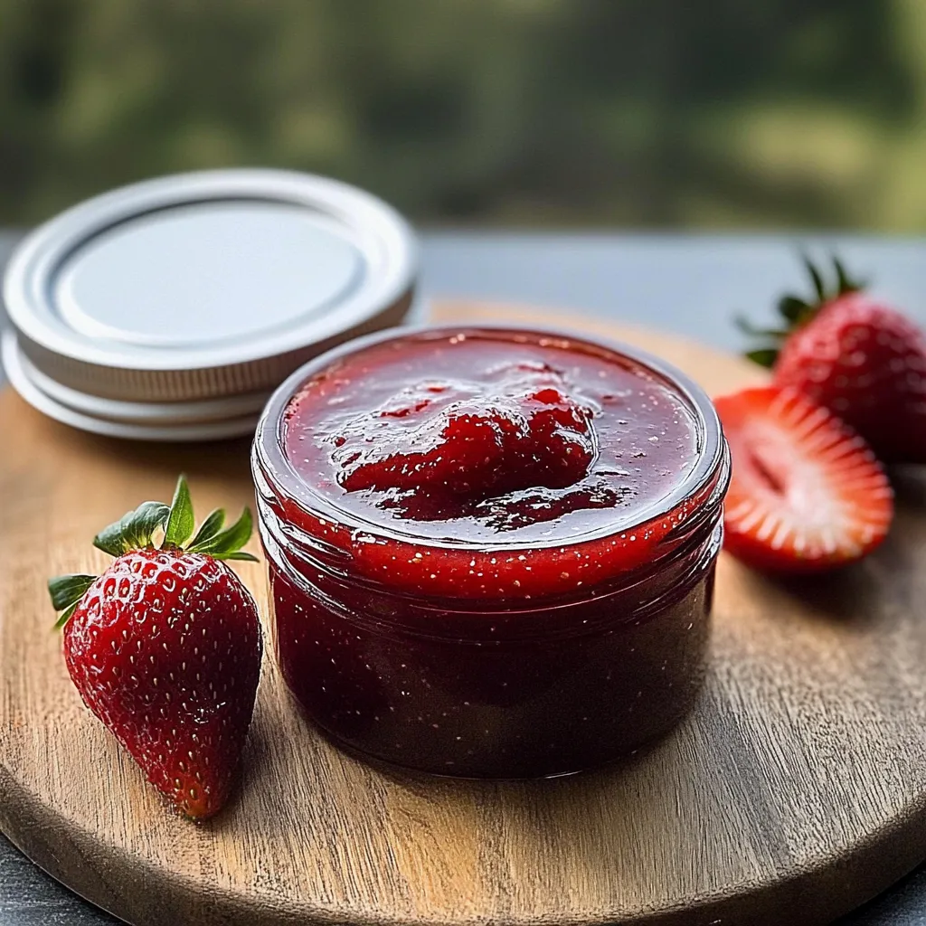 A jar of strawberry jam with strawberries on a table.