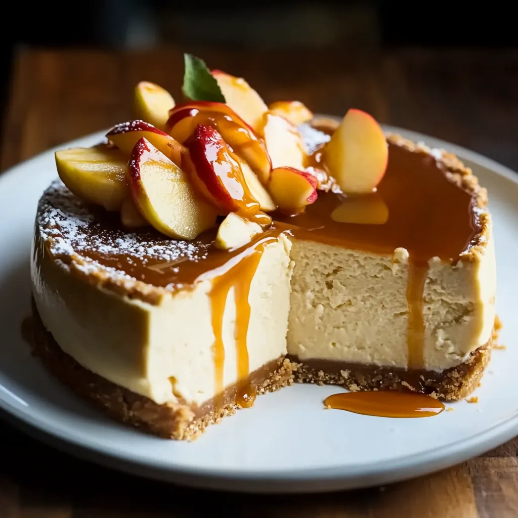 A slice of cake with apples and caramel.