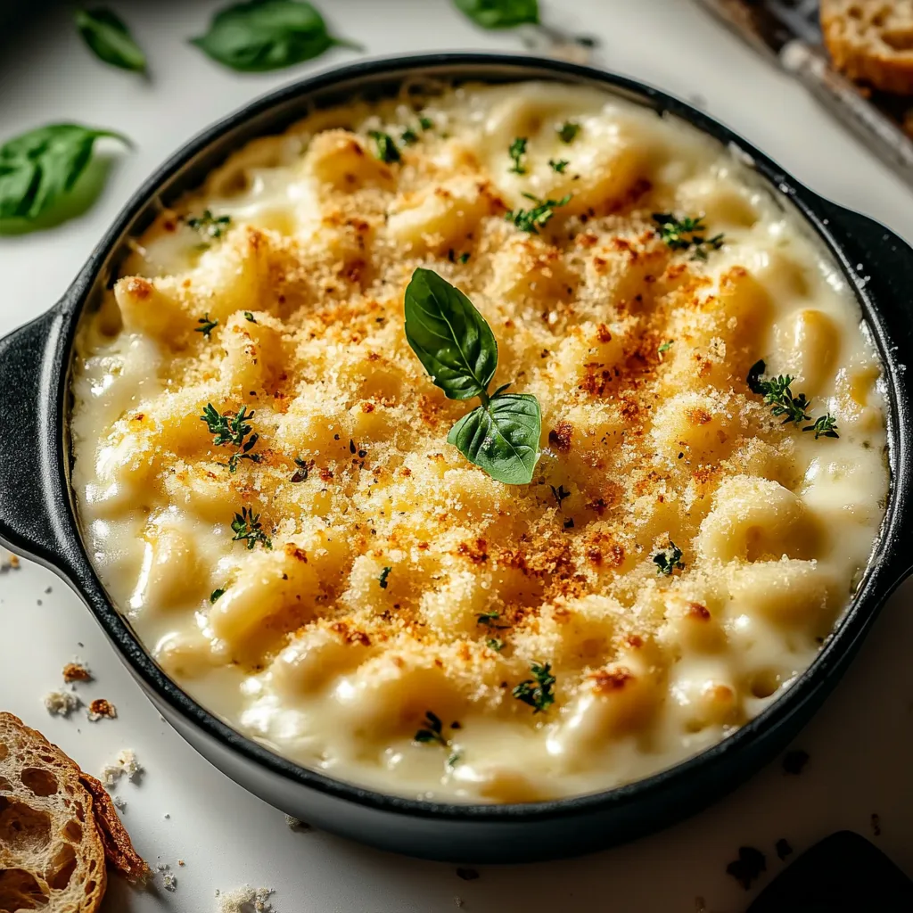 A bowl of macaroni and cheese with a green leaf on top.