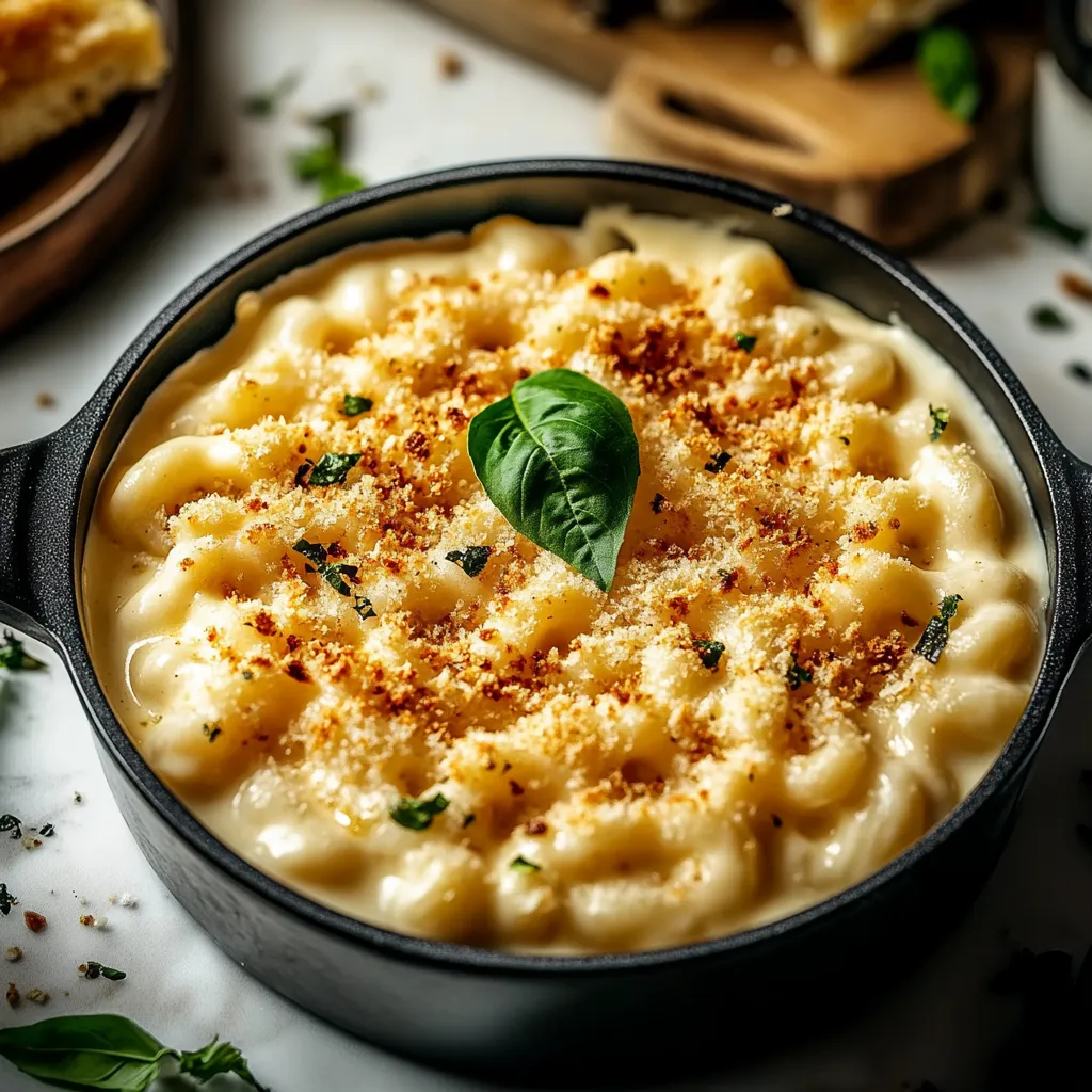 A bowl of macaroni and cheese with a green leaf on top.
