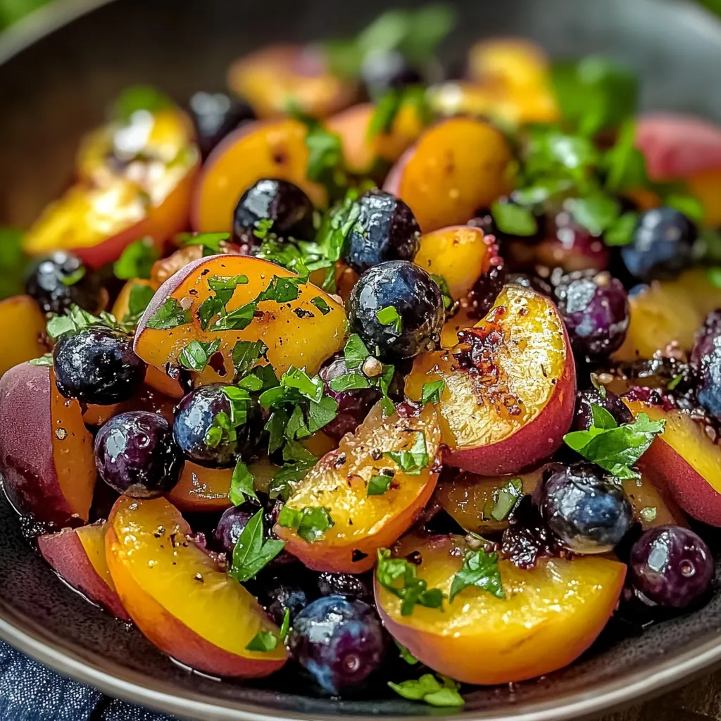 A bowl of fruit with blueberries, peaches, and mint.
