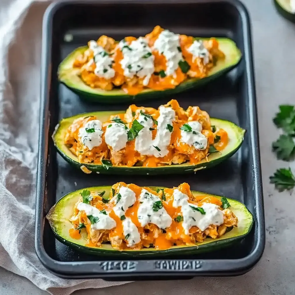 Three zucchini boats filled with chicken and cheese.