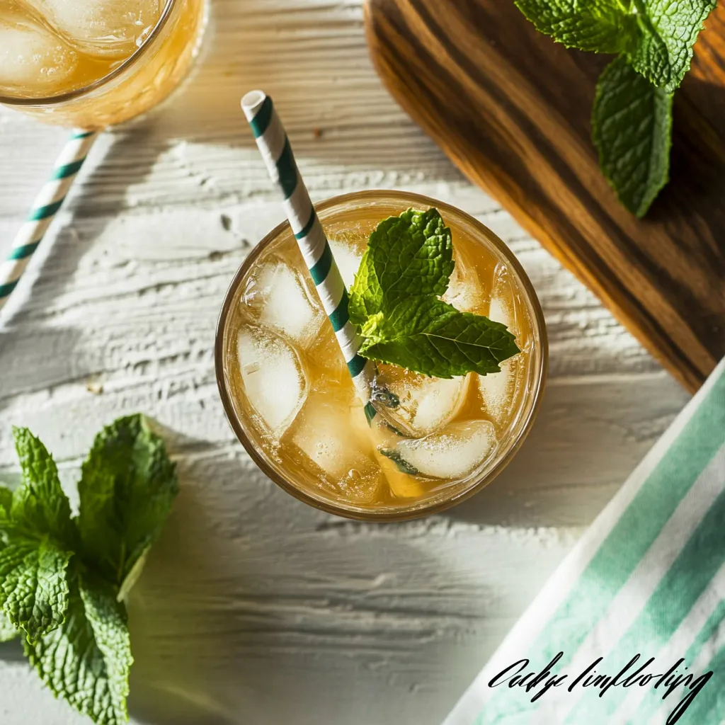 A glass of iced tea with a mint garnish.