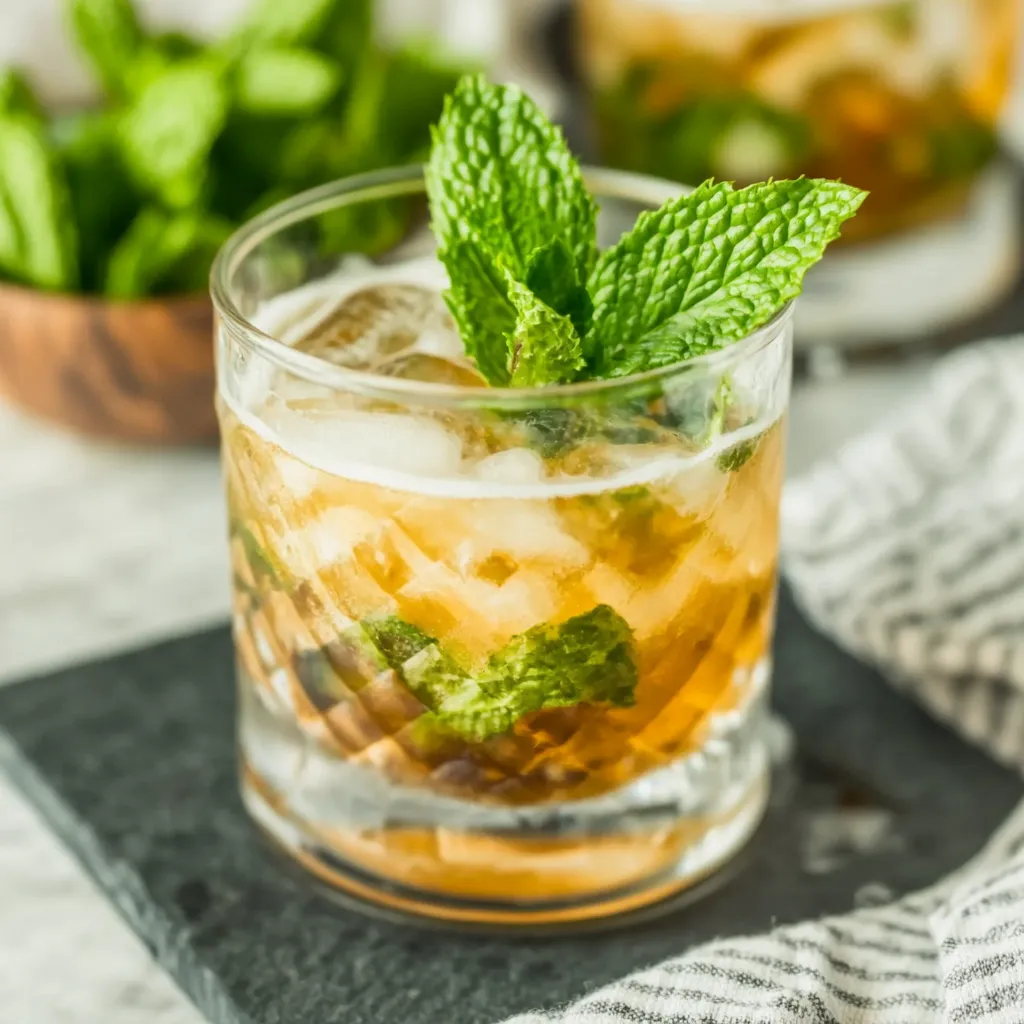 A glass of mint tea with a sprig of mint on top.