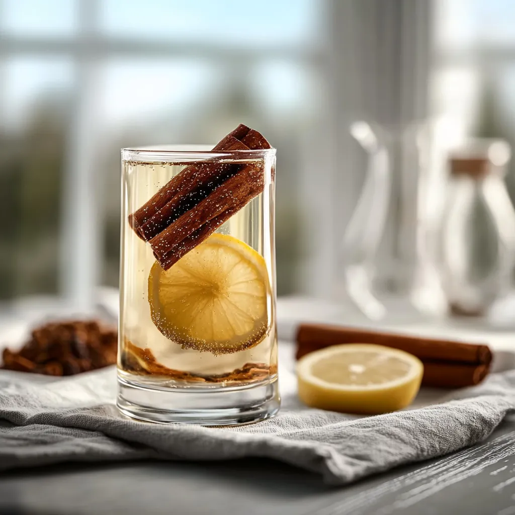 A glass of water with a lemon slice on top.