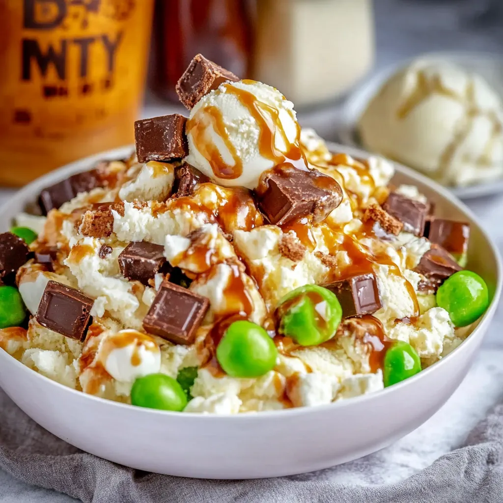 A bowl of ice cream with chocolate syrup and green beans.