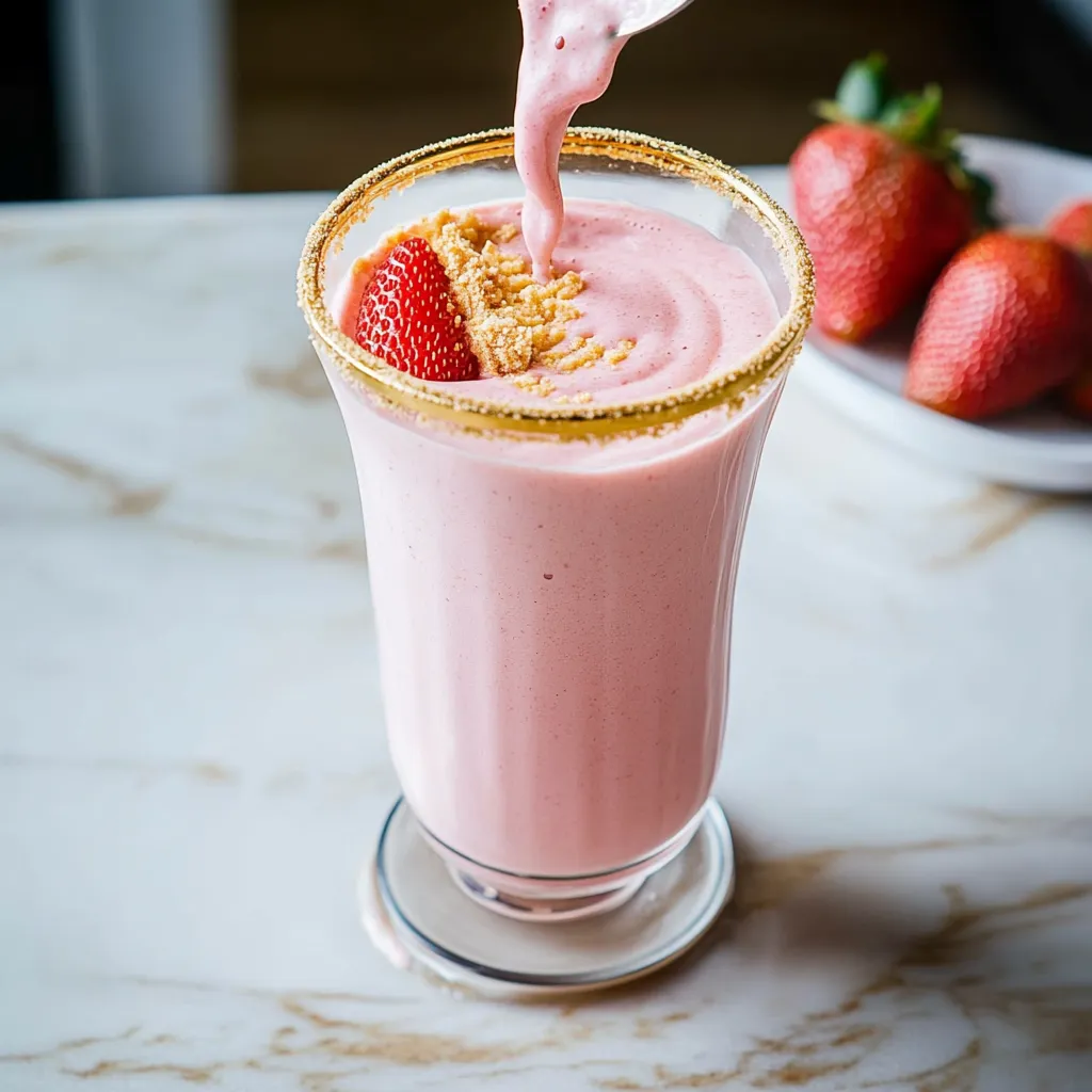 A glass of pink milk with a strawberry on top.