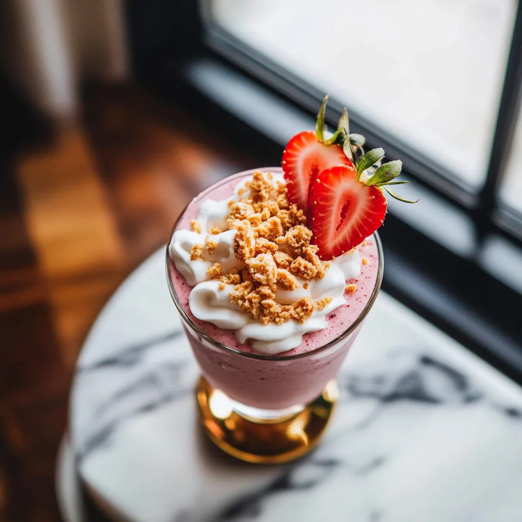 A glass of strawberry milk with a strawberry on top.