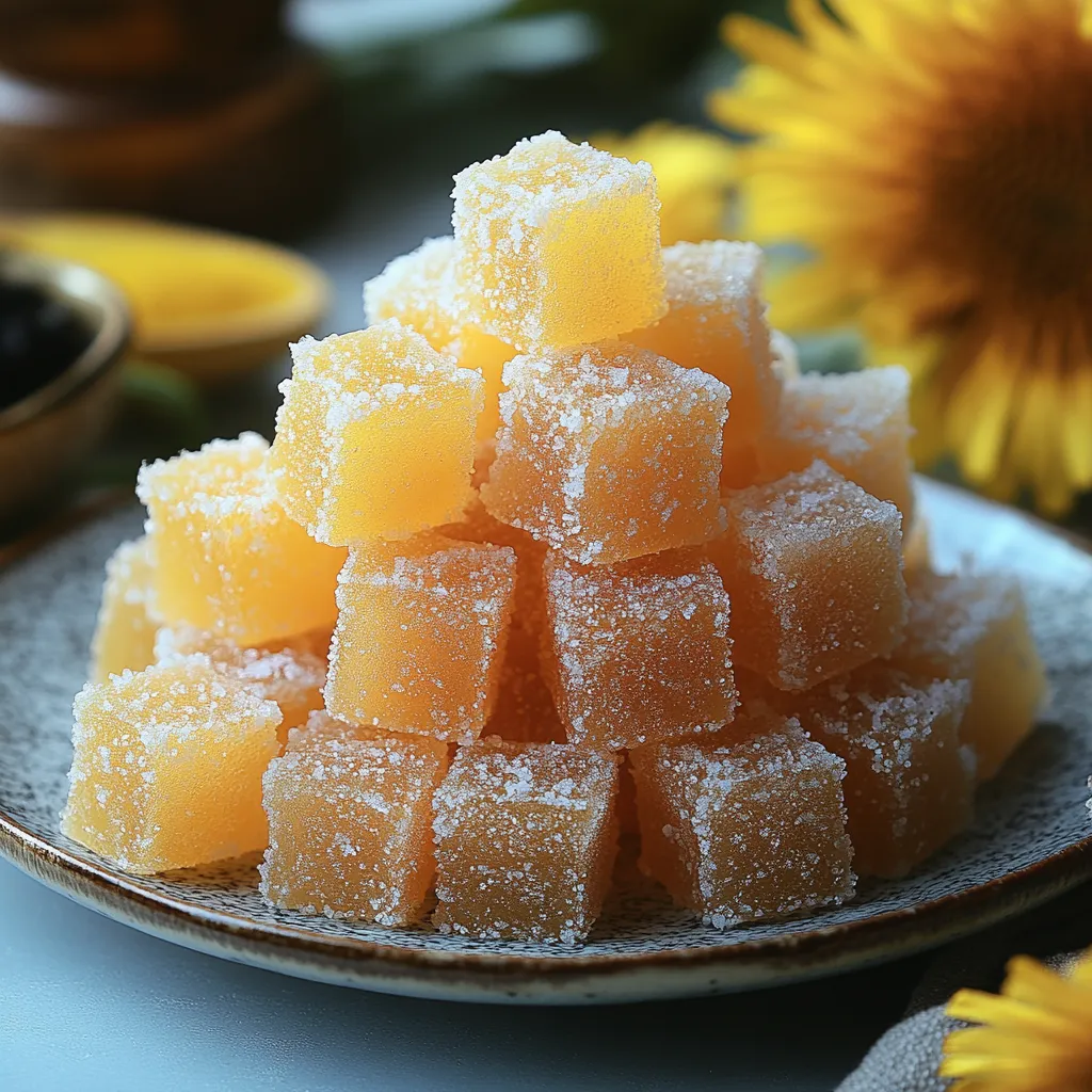 A stack of yellow cubes on a plate.
