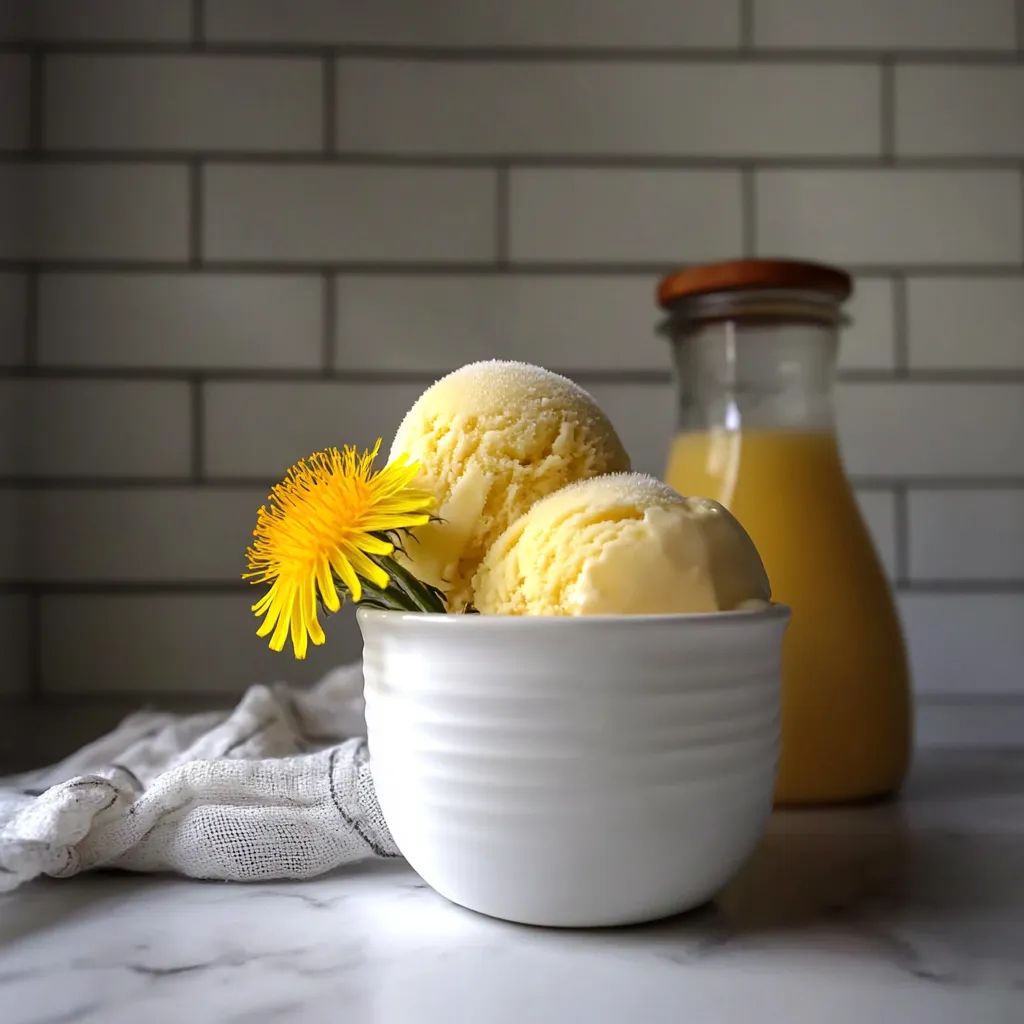 A bowl of ice cream with a yellow flower in it.