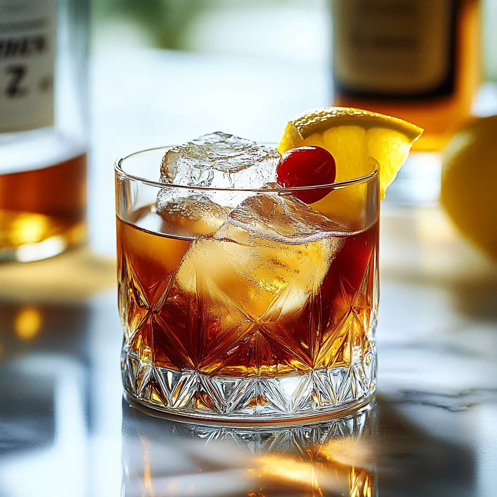 A glass of whiskey with a lemon wedge and cherry.
