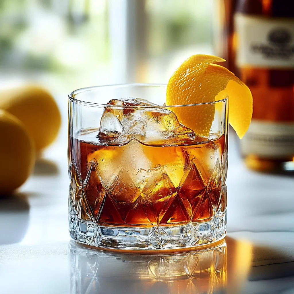 A glass of whiskey with a lemon wedge in it.