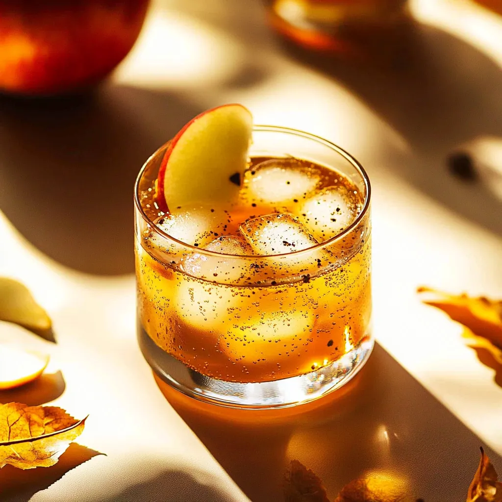 A glass of apple cider with a slice of apple in it.