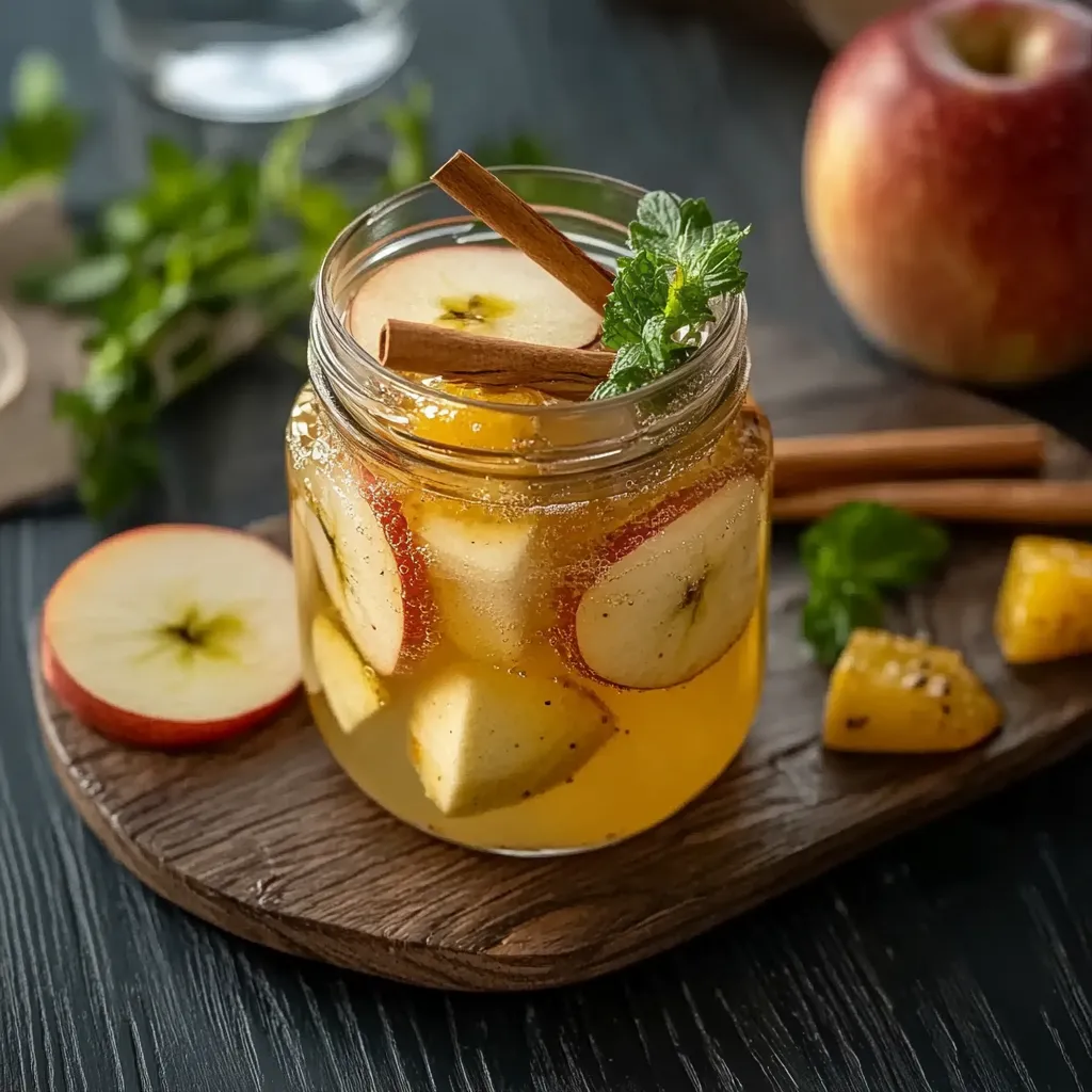 A glass of apple cider with cinnamon sticks in it.