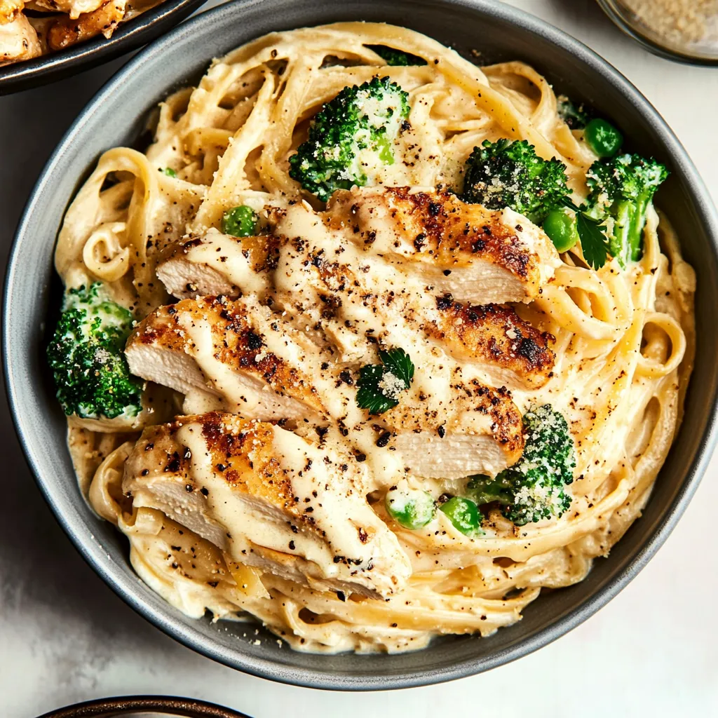 A bowl of pasta with chicken and broccoli.