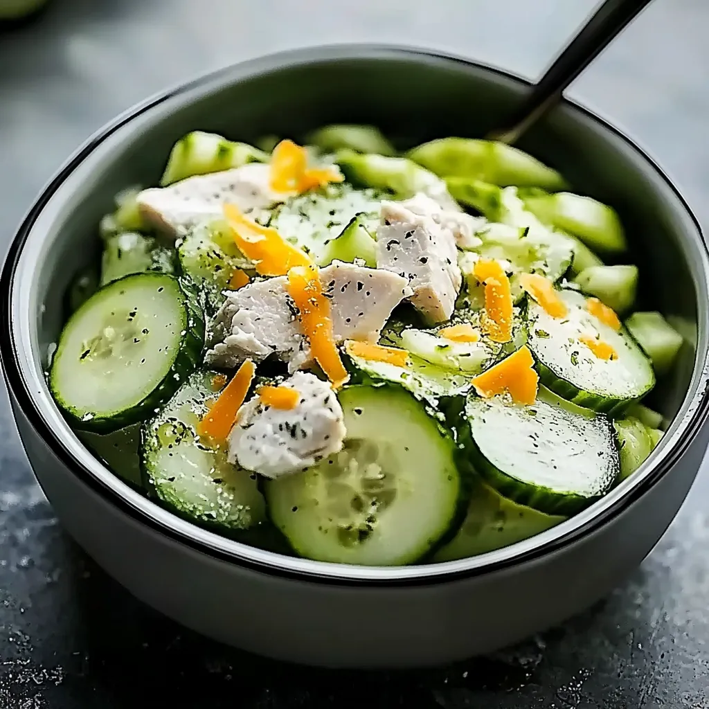 A bowl of food with cucumbers and chicken.