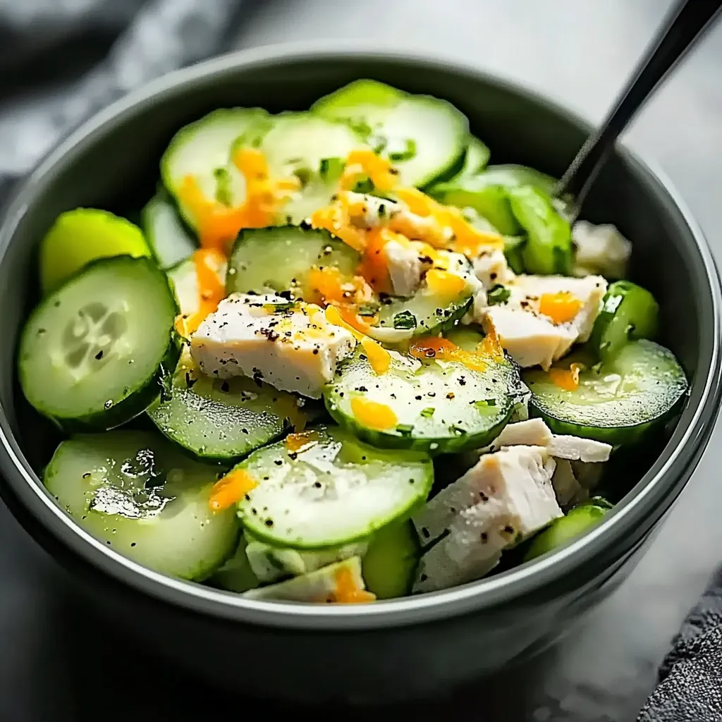 A bowl of food with cucumbers and chicken.