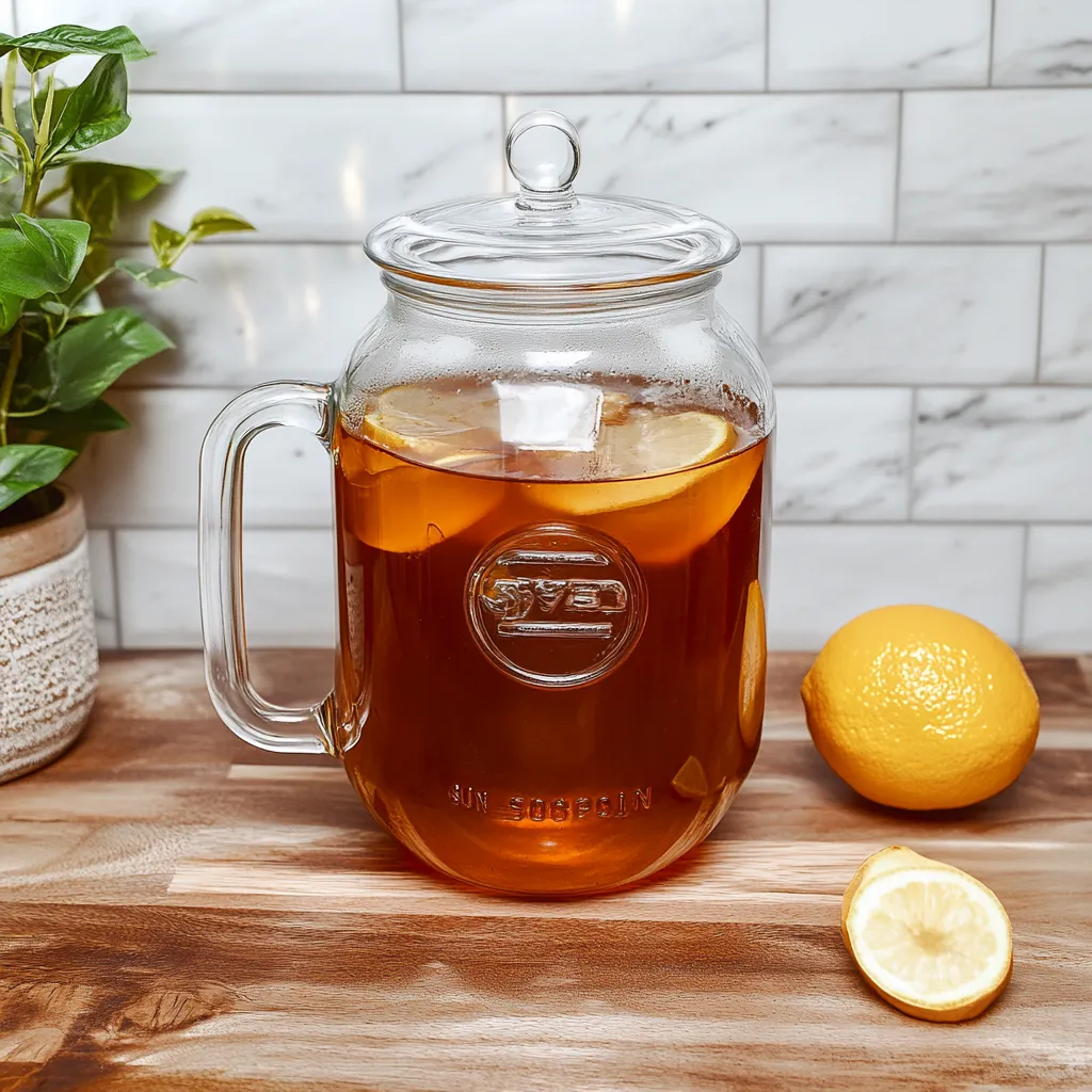 A jar of tea with a lemon slice on the side.