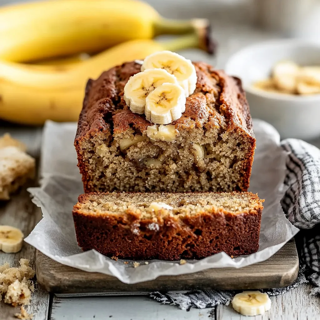A slice of banana bread with banana slices on top.
