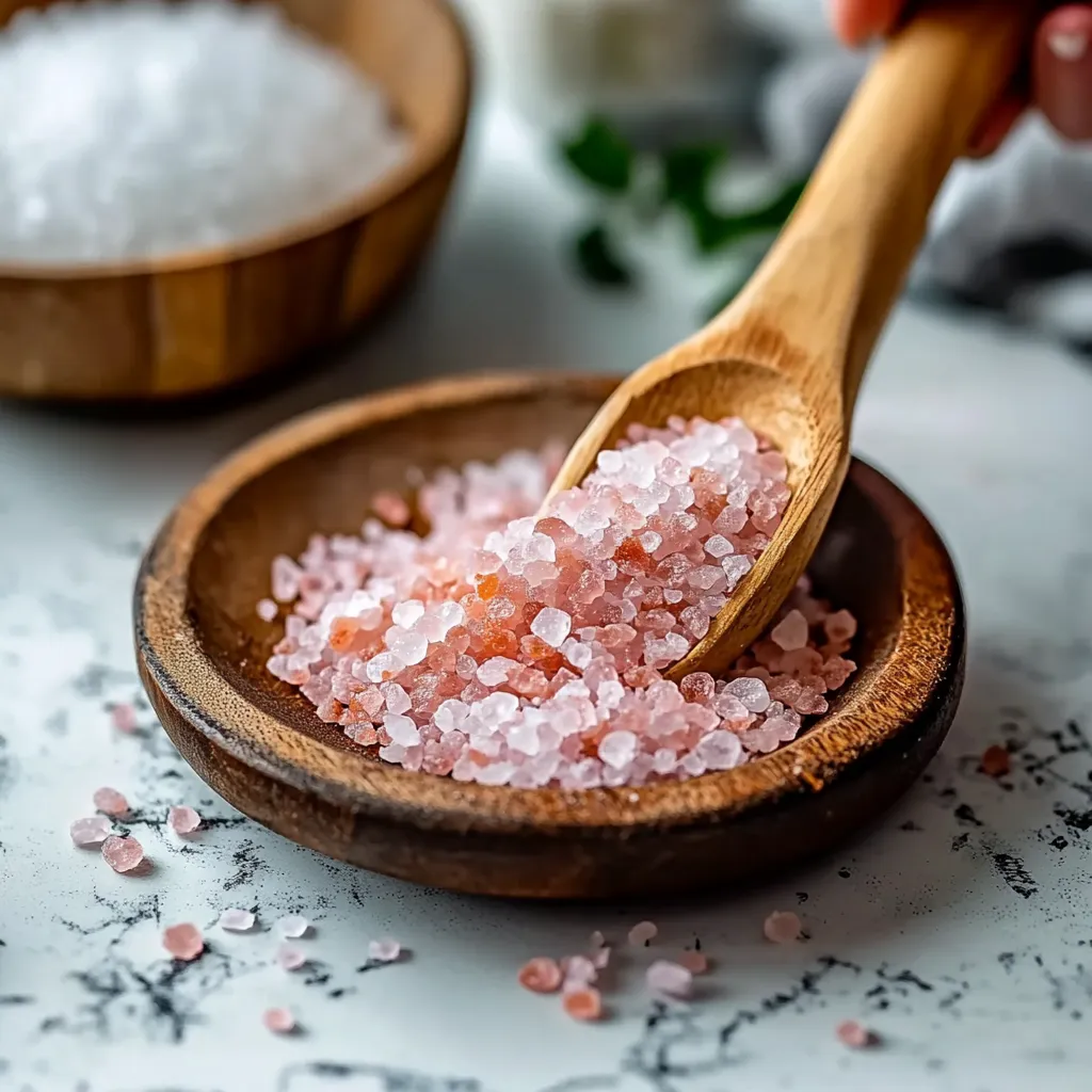 A wooden spoon is scooping salt into a bowl.
