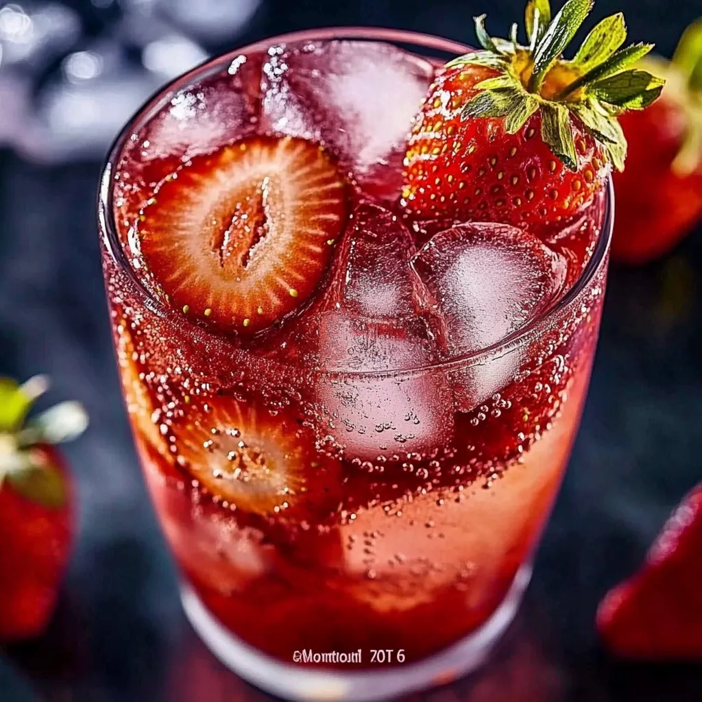 A glass of red juice with strawberries in it.