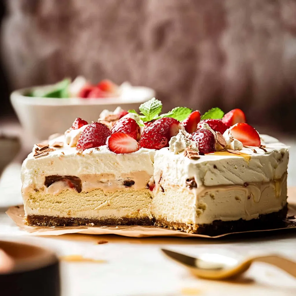A slice of cake with strawberries on top.