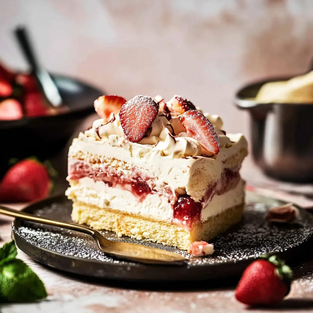 A slice of cake with strawberries on top.