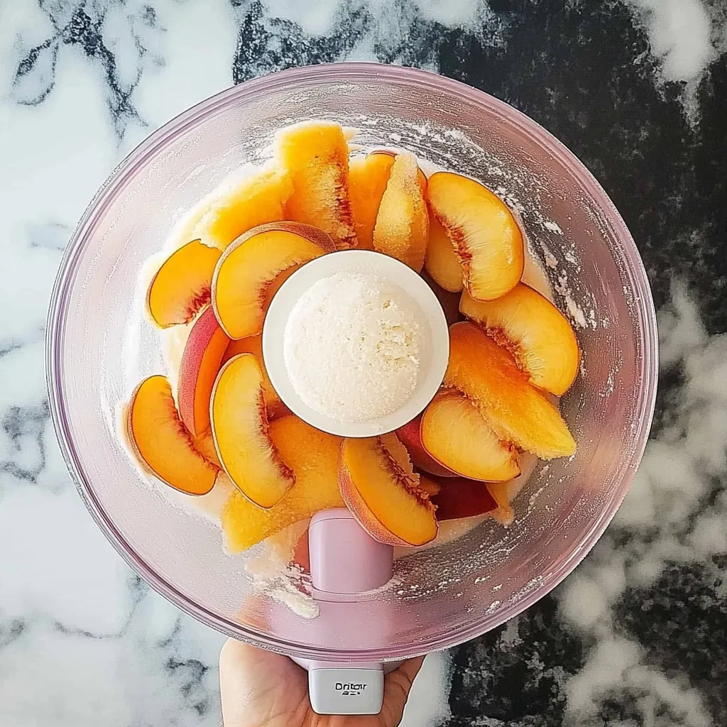 A blender with peaches and cream.