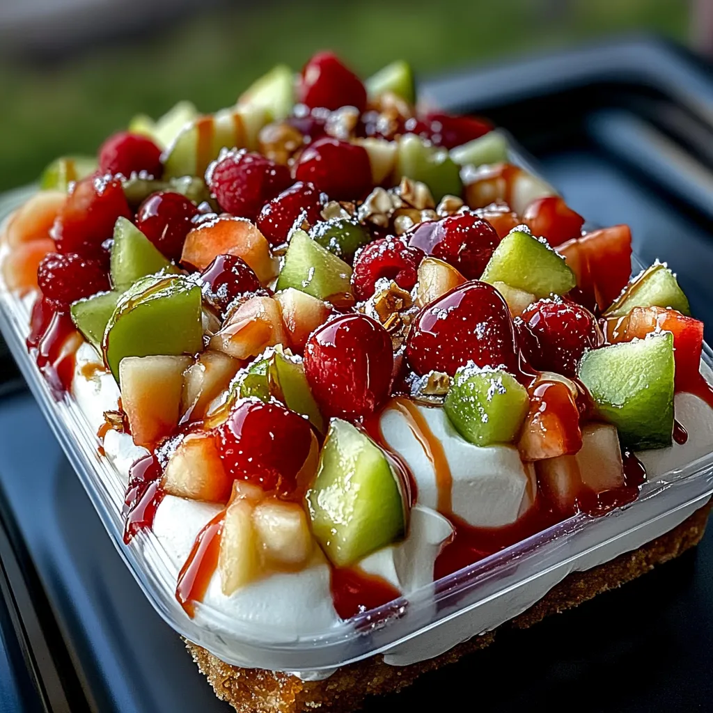 A dessert with fruit and whipped cream.