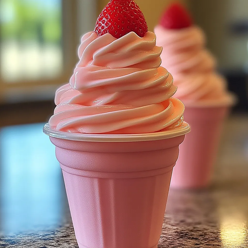 A pink cupcake with a strawberry on top.