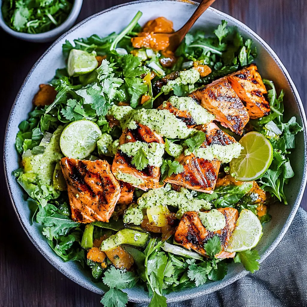 A bowl of salad with chicken, lime, and avocado.