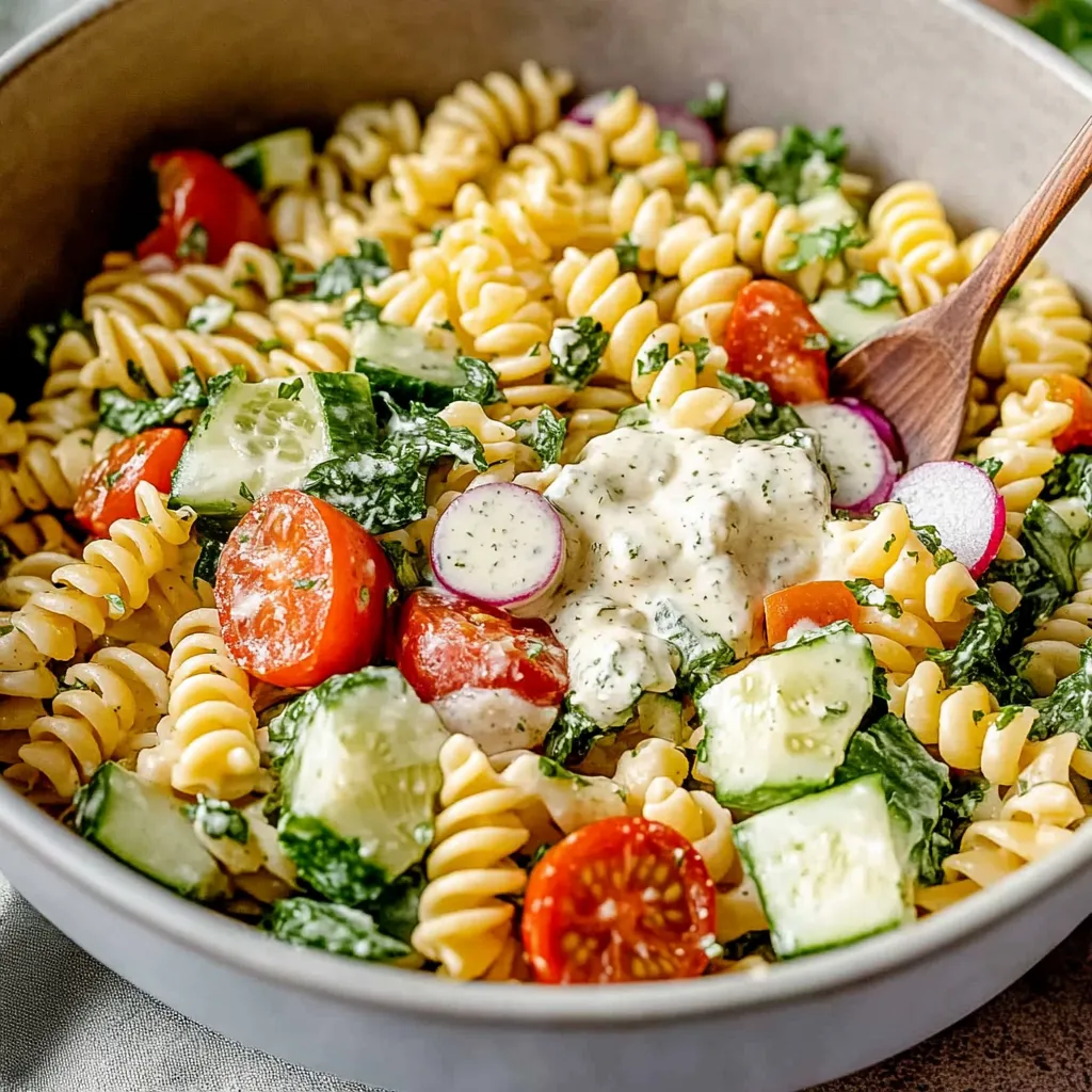 A bowl of pasta with tomatoes, cucumbers, and cheese.