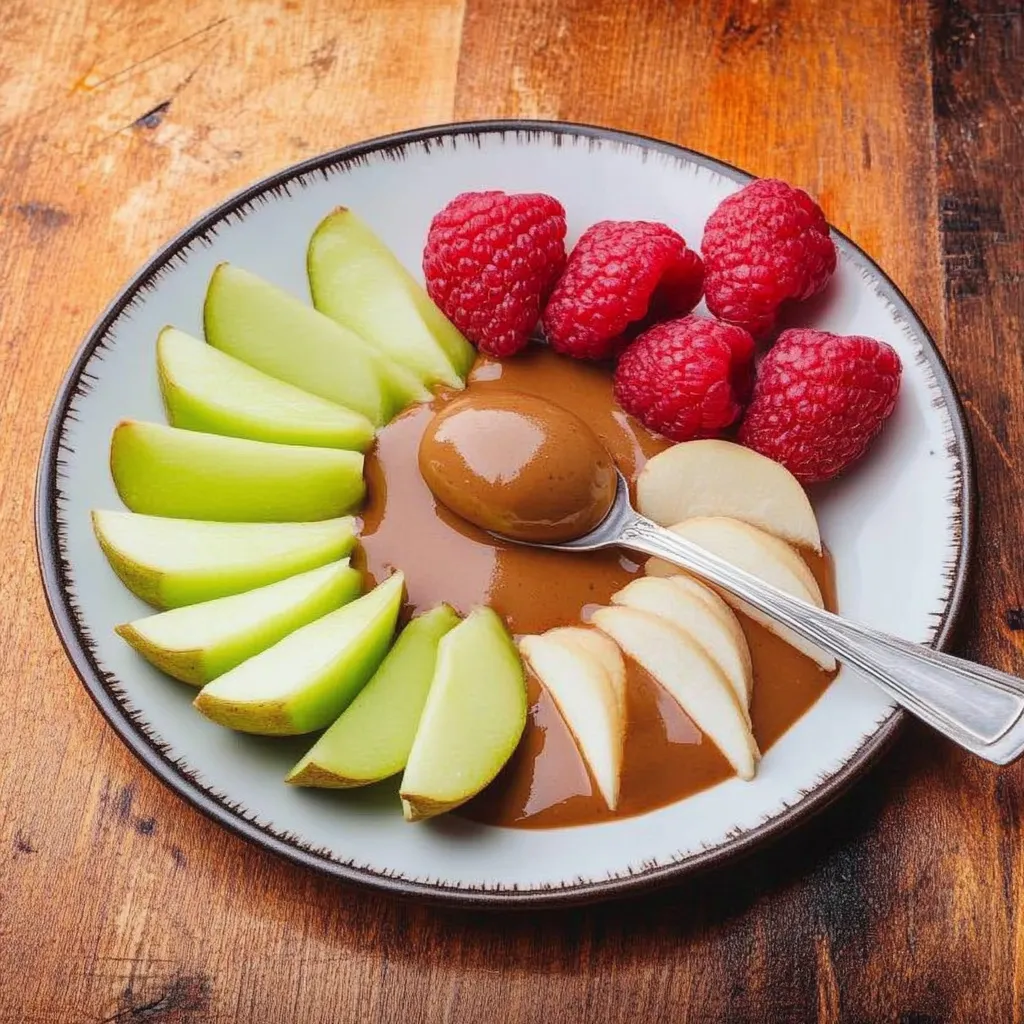 A plate of fruit with chocolate sauce.