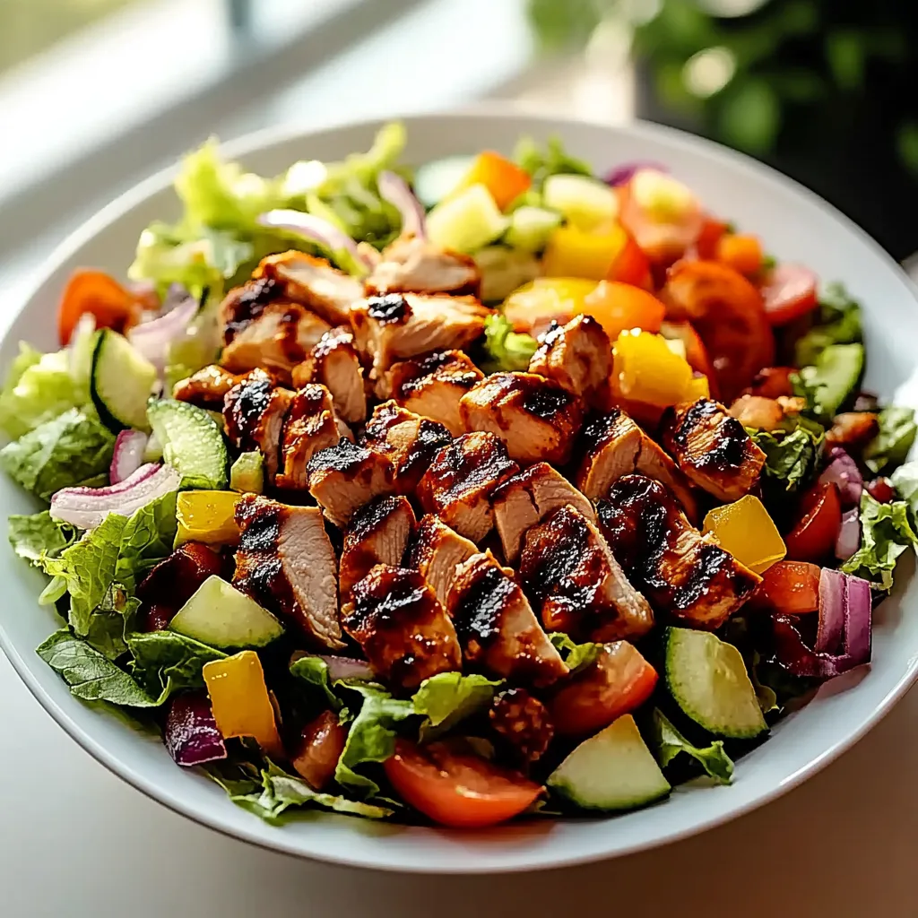 A bowl of salad with chicken and vegetables.