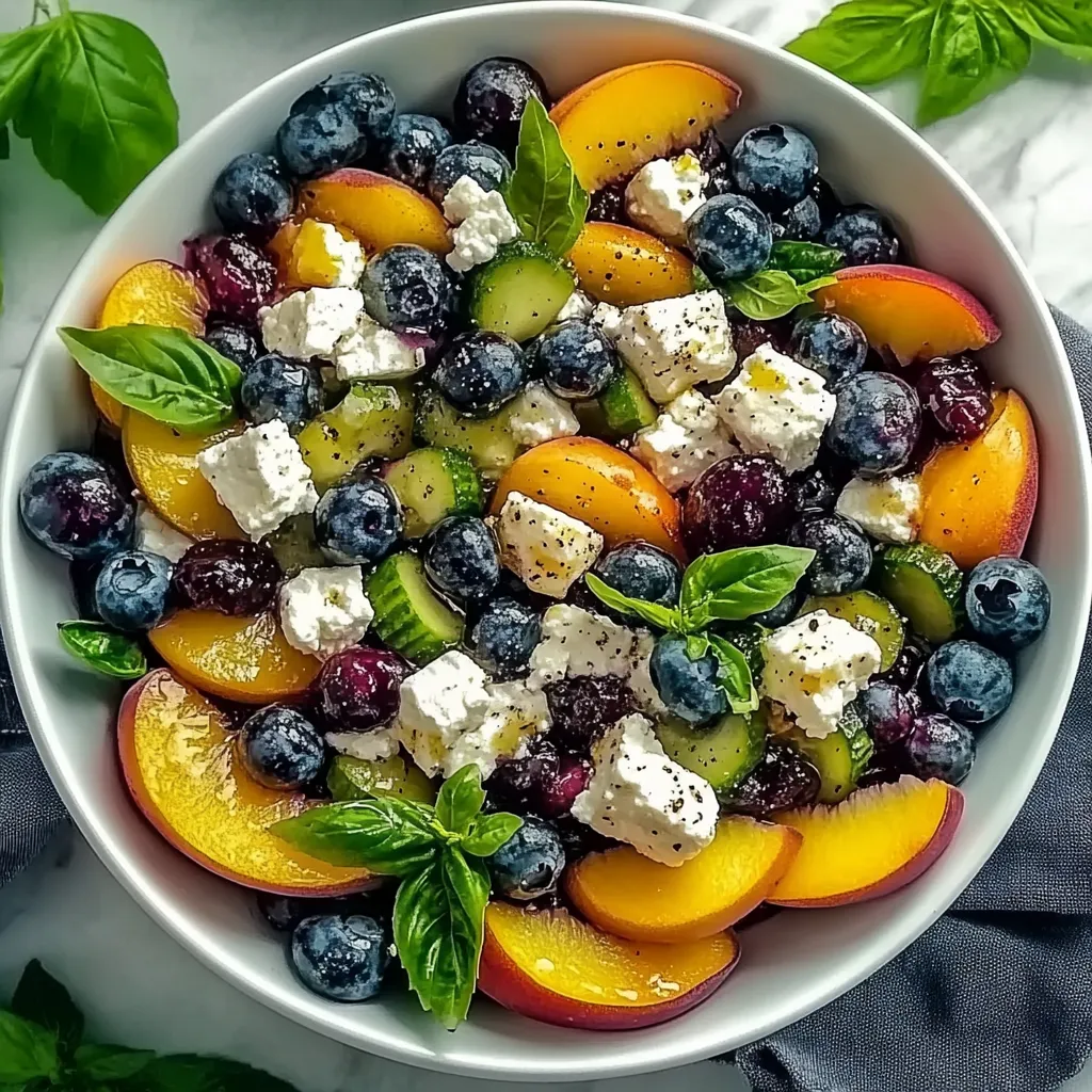 A bowl of fruit with blueberries, peaches, and cheese.