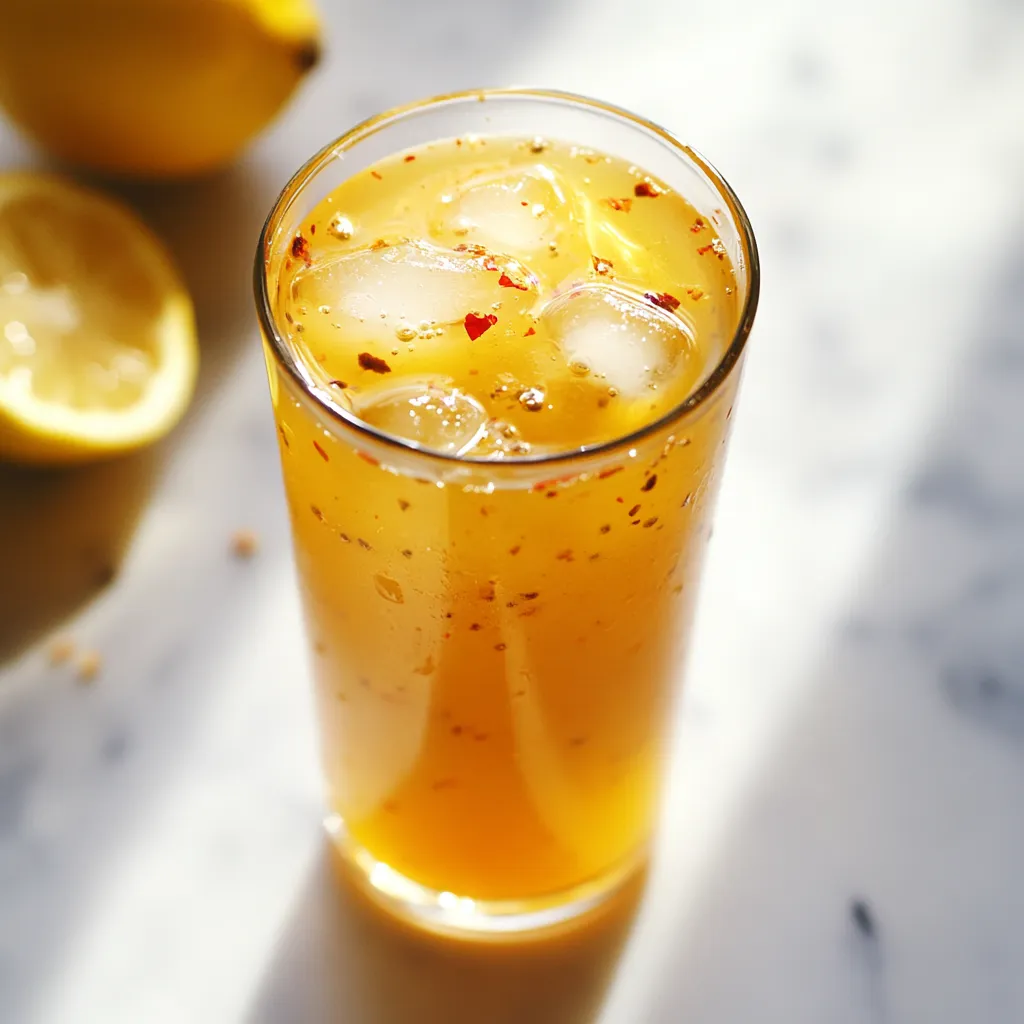 A glass of lemonade with ice and lemon slices.