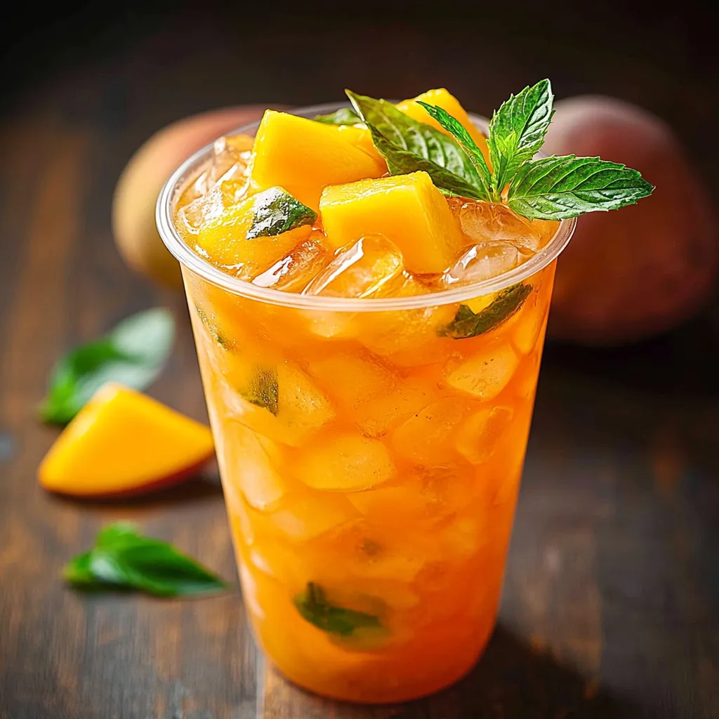 A glass of fruit juice with a mint garnish.