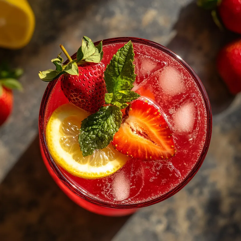 A glass of red juice with a lemon and strawberry garnish.